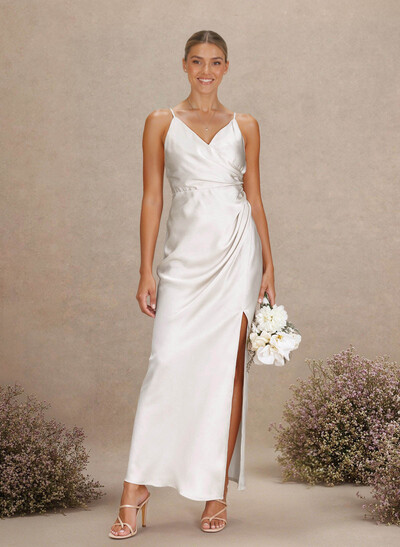 Sheath V-Neck Sleeveless Ankle-Length Charmeuse Bridesmaid Dresses With Split Front