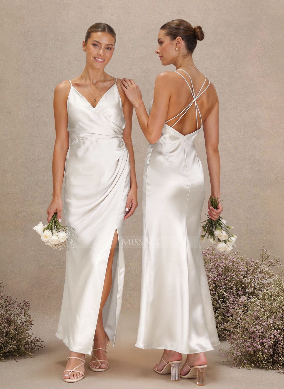 Sheath V-Neck Sleeveless Ankle-Length Charmeuse Bridesmaid Dresses With Split Front