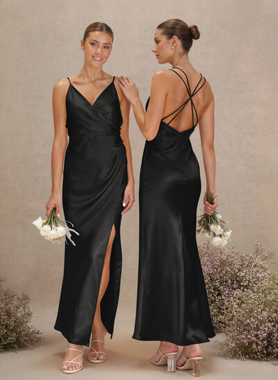Sheath V-Neck Sleeveless Ankle-Length Charmeuse Bridesmaid Dresses With Split Front