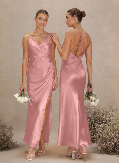 Sheath V-Neck Sleeveless Ankle-Length Charmeuse Bridesmaid Dresses With Split Front