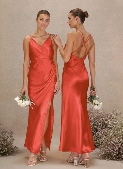 Sheath V-Neck Sleeveless Ankle-Length Charmeuse Bridesmaid Dresses With Split Front