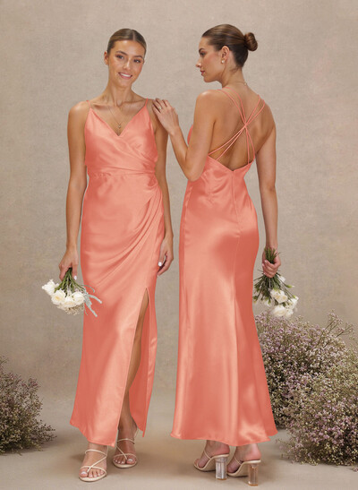 Sheath V-Neck Sleeveless Ankle-Length Charmeuse Bridesmaid Dresses With Split Front