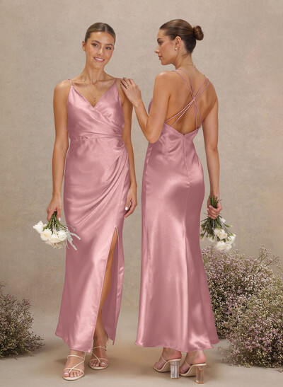 Sheath V-Neck Sleeveless Ankle-Length Charmeuse Bridesmaid Dresses With Split Front