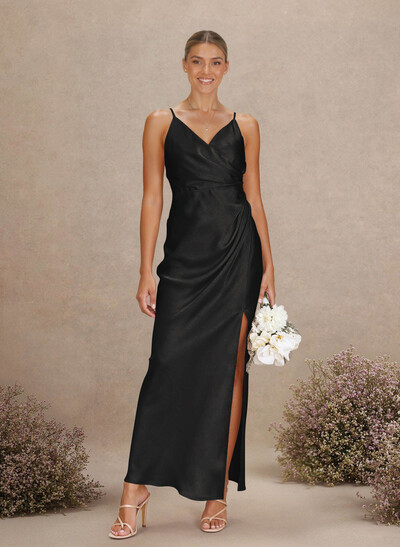 Sheath V-Neck Sleeveless Ankle-Length Charmeuse Bridesmaid Dresses With Split Front