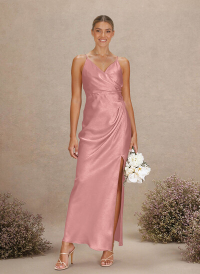 Sheath V-Neck Sleeveless Ankle-Length Charmeuse Bridesmaid Dresses With Split Front