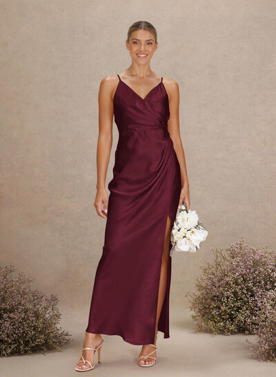 Sheath V-Neck Sleeveless Ankle-Length Charmeuse Bridesmaid Dresses With Split Front
