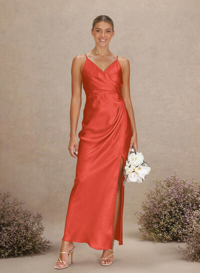 Sheath V-Neck Sleeveless Ankle-Length Charmeuse Bridesmaid Dresses With Split Front