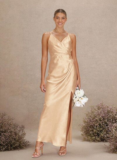 Sheath V-Neck Sleeveless Ankle-Length Charmeuse Bridesmaid Dresses With Split Front