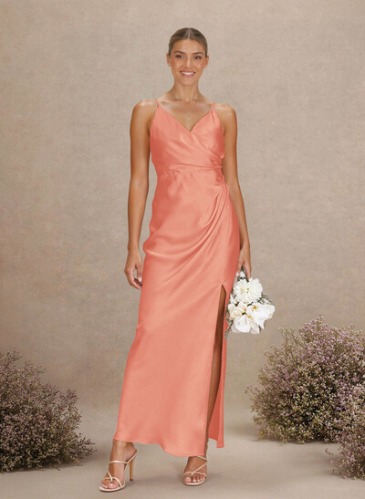 Sheath V-Neck Sleeveless Ankle-Length Charmeuse Bridesmaid Dresses With Split Front