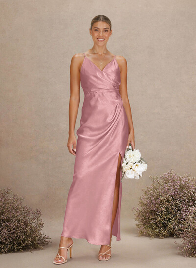 Sheath V-Neck Sleeveless Ankle-Length Charmeuse Bridesmaid Dresses With Split Front