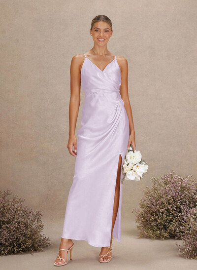 Sheath V-Neck Sleeveless Ankle-Length Charmeuse Bridesmaid Dresses With Split Front