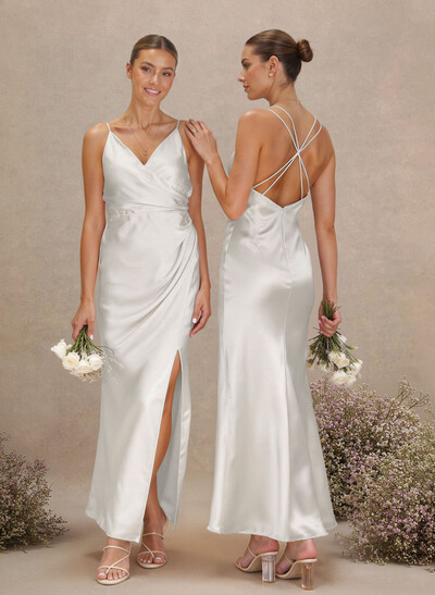 Sheath V-Neck Sleeveless Ankle-Length Charmeuse Bridesmaid Dresses With Split Front