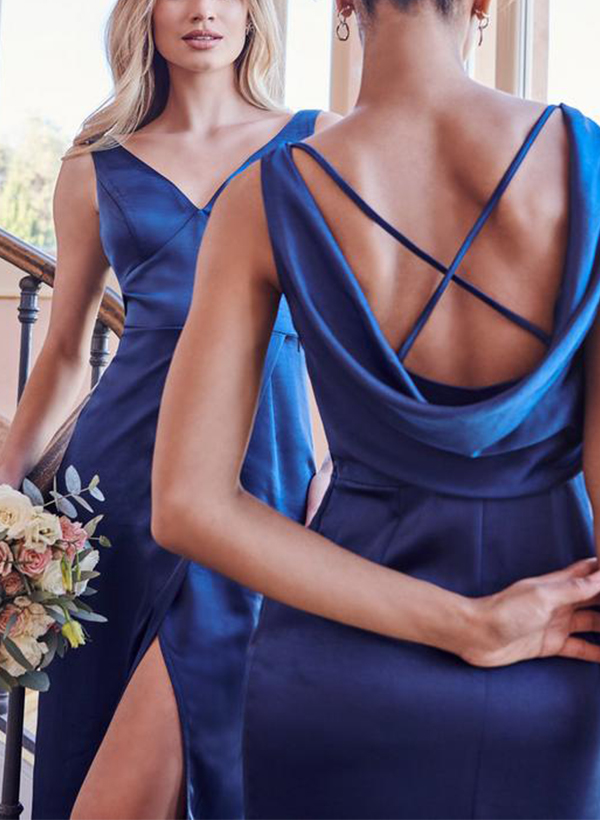 A-Line V-neck Sleeveless Satin Sexy Open Back Bridesmaid Dresses With Split Front