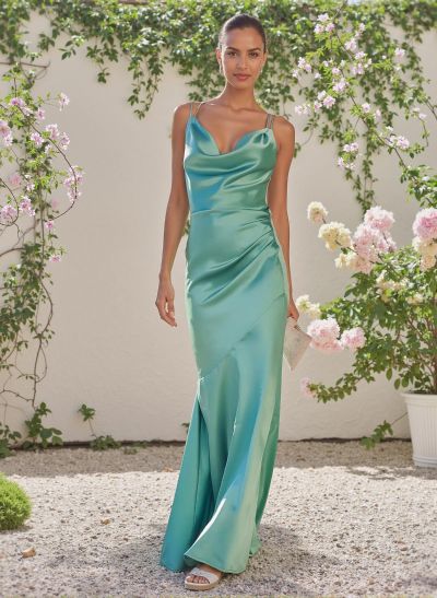 Sheath/Column Cowl Neck Sleeveless Floor-Length Silk Like Satin Bridesmaid Dresses