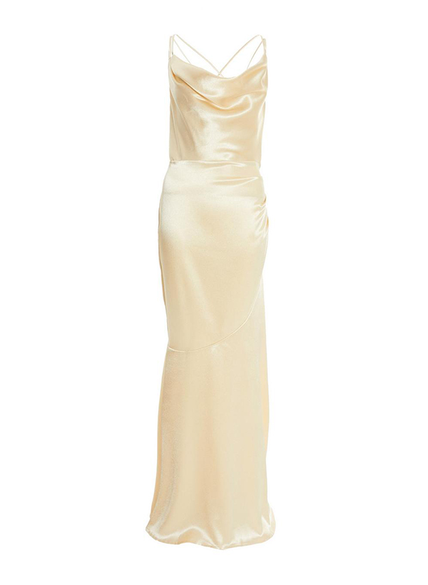 Sheath/Column Cowl Neck Cross Back Floor-Length Satin Bridesmaid Dresses