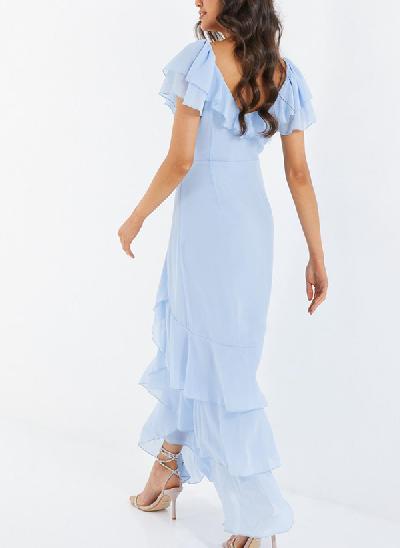 Sheath/Column V-neck Short Sleeves Chiffon Bridesmaid Dresses With Ruffle