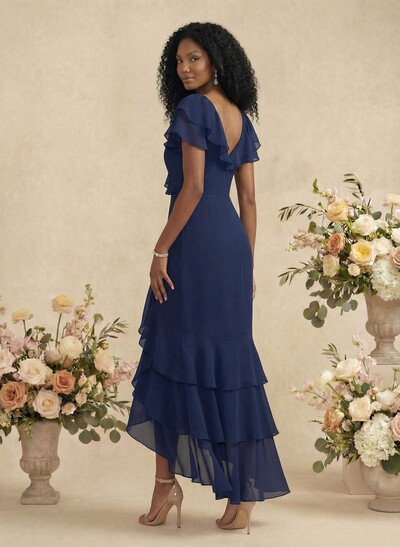 Sheath/Column V-neck Short Sleeves Chiffon Bridesmaid Dresses With Ruffle