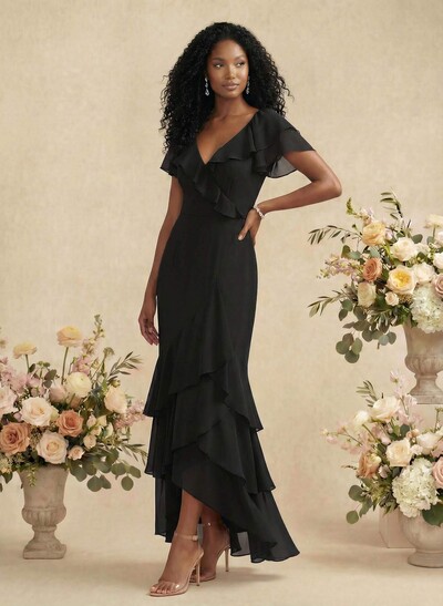 Sheath/Column V-Neck Short Sleeves Chiffon Bridesmaid Dresses With Ruffle