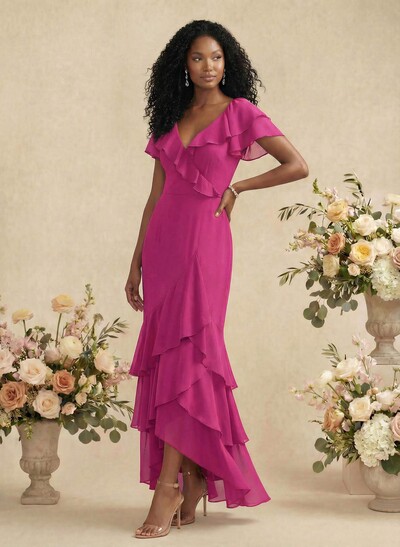 Sheath/Column V-Neck Short Sleeve Asymmetric Chiffon Bridesmaid Dresses With Ruffle