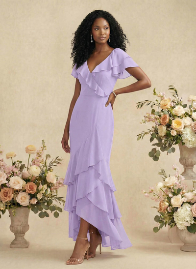 Sheath/Column V-Neck Short Sleeves Chiffon Bridesmaid Dresses With Ruffle