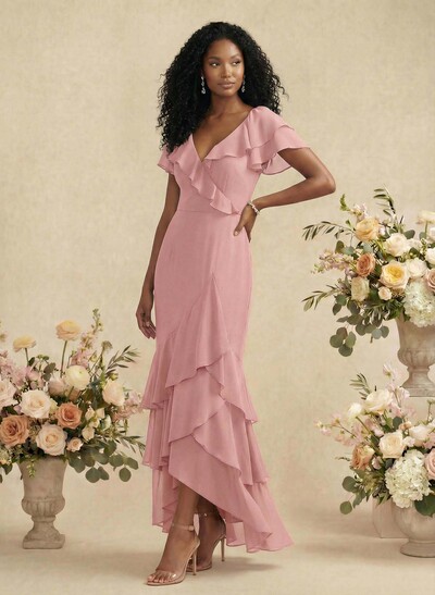 Sheath/Column V-Neck Short Sleeves Chiffon Bridesmaid Dresses With Ruffle