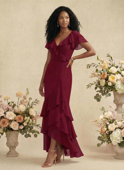 Sheath/Column V-Neck Short Sleeves Chiffon Bridesmaid Dresses With Ruffle