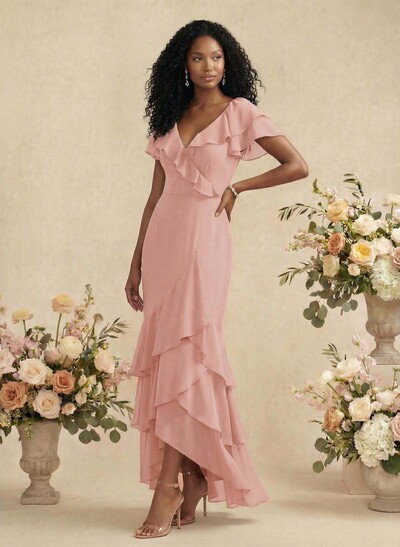 Sheath/Column V-Neck Short Sleeves Chiffon Bridesmaid Dresses With Ruffle