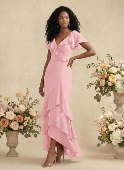 Sheath/Column V-Neck Short Sleeves Chiffon Bridesmaid Dresses With Ruffle