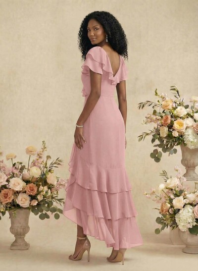 Sheath/Column V-Neck Short Sleeves Chiffon Bridesmaid Dresses With Ruffle