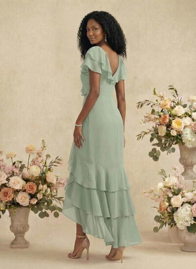 Sheath/Column V-Neck Short Sleeves Chiffon Bridesmaid Dresses With Ruffle