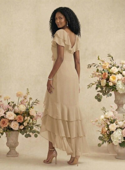 Sheath/Column V-Neck Short Sleeves Chiffon Bridesmaid Dresses With Ruffle