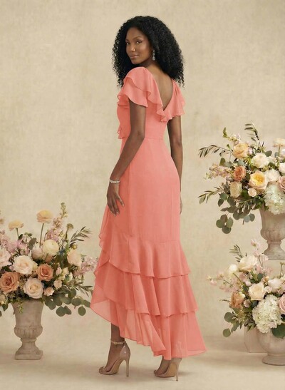 Sheath/Column V-Neck Short Sleeves Chiffon Bridesmaid Dresses With Ruffle