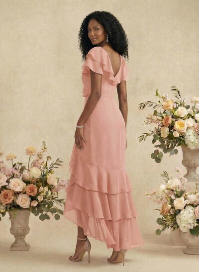 Sheath/Column V-Neck Short Sleeves Chiffon Bridesmaid Dresses With Ruffle