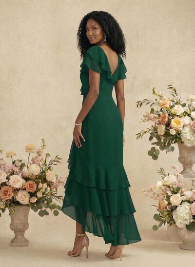 Sheath/Column V-Neck Short Sleeves Chiffon Bridesmaid Dresses With Ruffle