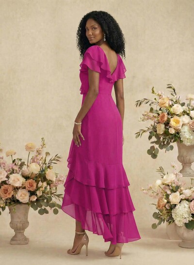 Sheath/Column V-Neck Short Sleeve Asymmetric Chiffon Bridesmaid Dresses With Ruffle