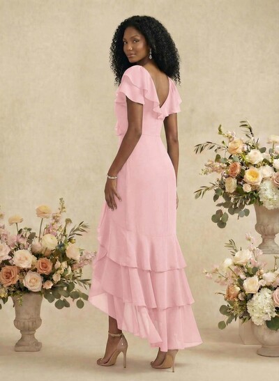 Sheath/Column V-Neck Short Sleeves Chiffon Bridesmaid Dresses With Ruffle