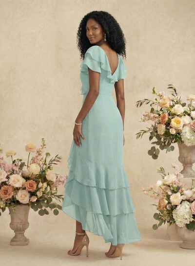 Sheath/Column V-Neck Short Sleeves Chiffon Bridesmaid Dresses With Ruffle