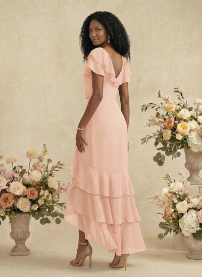 Sheath/Column V-Neck Short Sleeves Asymmetrical Chiffon Bridesmaid Dresses With Ruffle