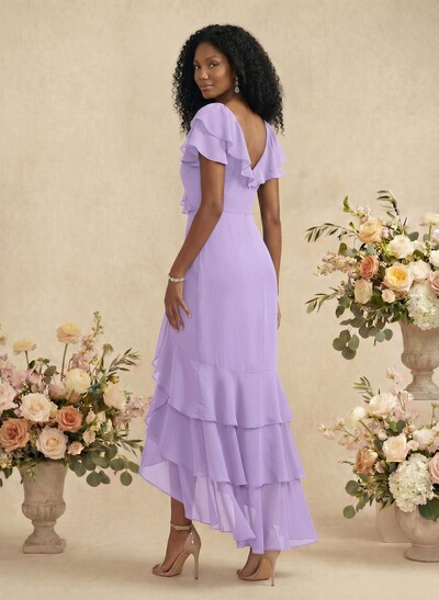Sheath/Column V-Neck Short Sleeves Chiffon Bridesmaid Dresses With Ruffle