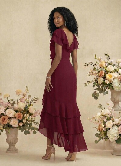 Sheath/Column V-Neck Short Sleeves Chiffon Bridesmaid Dresses With Ruffle