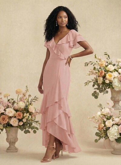 Sheath/Column V-Neck Short Sleeves Chiffon Bridesmaid Dresses With Ruffle