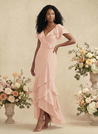 Sheath/Column V-Neck Short Sleeves Asymmetrical Chiffon Bridesmaid Dresses With Ruffle