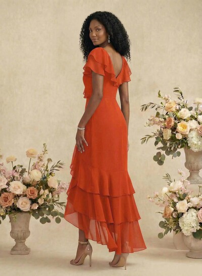 Sheath/Column V-Neck Short Sleeves Chiffon Bridesmaid Dresses With Ruffle
