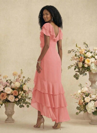 Sheath/Column V-Neck Short Sleeves Chiffon Bridesmaid Dresses With Ruffle