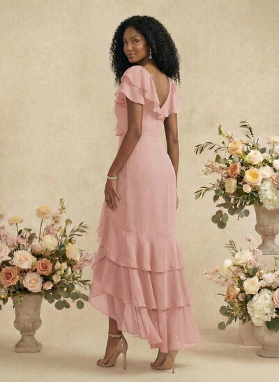 Sheath/Column V-Neck Short Sleeves Chiffon Bridesmaid Dresses With Ruffle