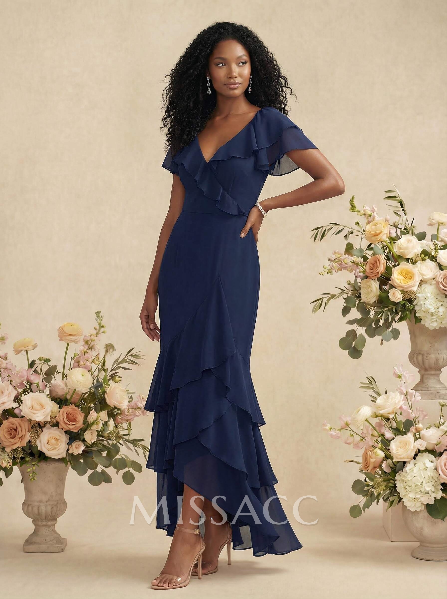 Sheath/Column V-Neck Short Sleeves Chiffon Bridesmaid Dresses With Ruffle Sheath/Column V-Neck Short Sleeves Chiffon Bridesmaid Dresses With Ruffle