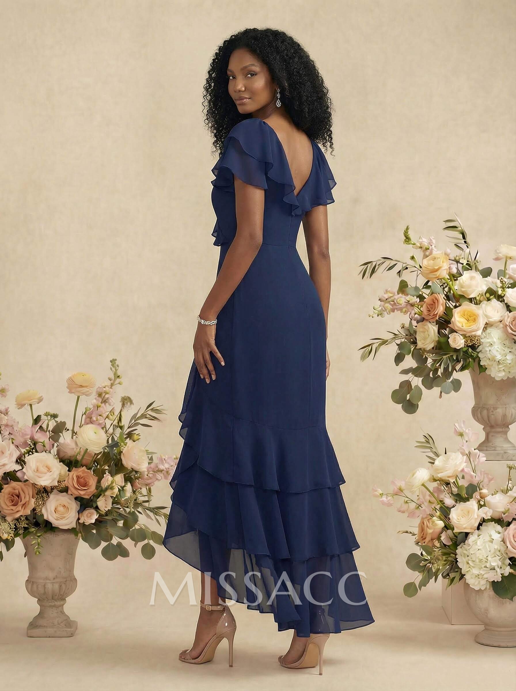 Sheath/Column V-Neck Short Sleeves Chiffon Bridesmaid Dresses With Ruffle Sheath/Column V-Neck Short Sleeves Chiffon Bridesmaid Dresses With Ruffle