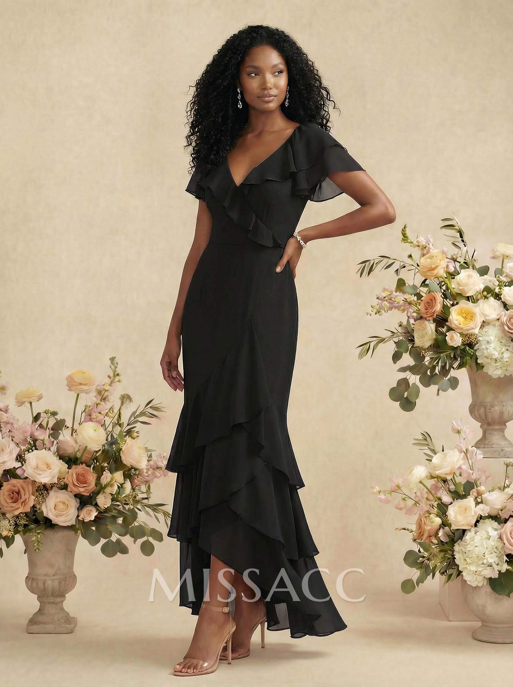 Sheath/Column V-Neck Short Sleeves Chiffon Bridesmaid Dresses With Ruffle