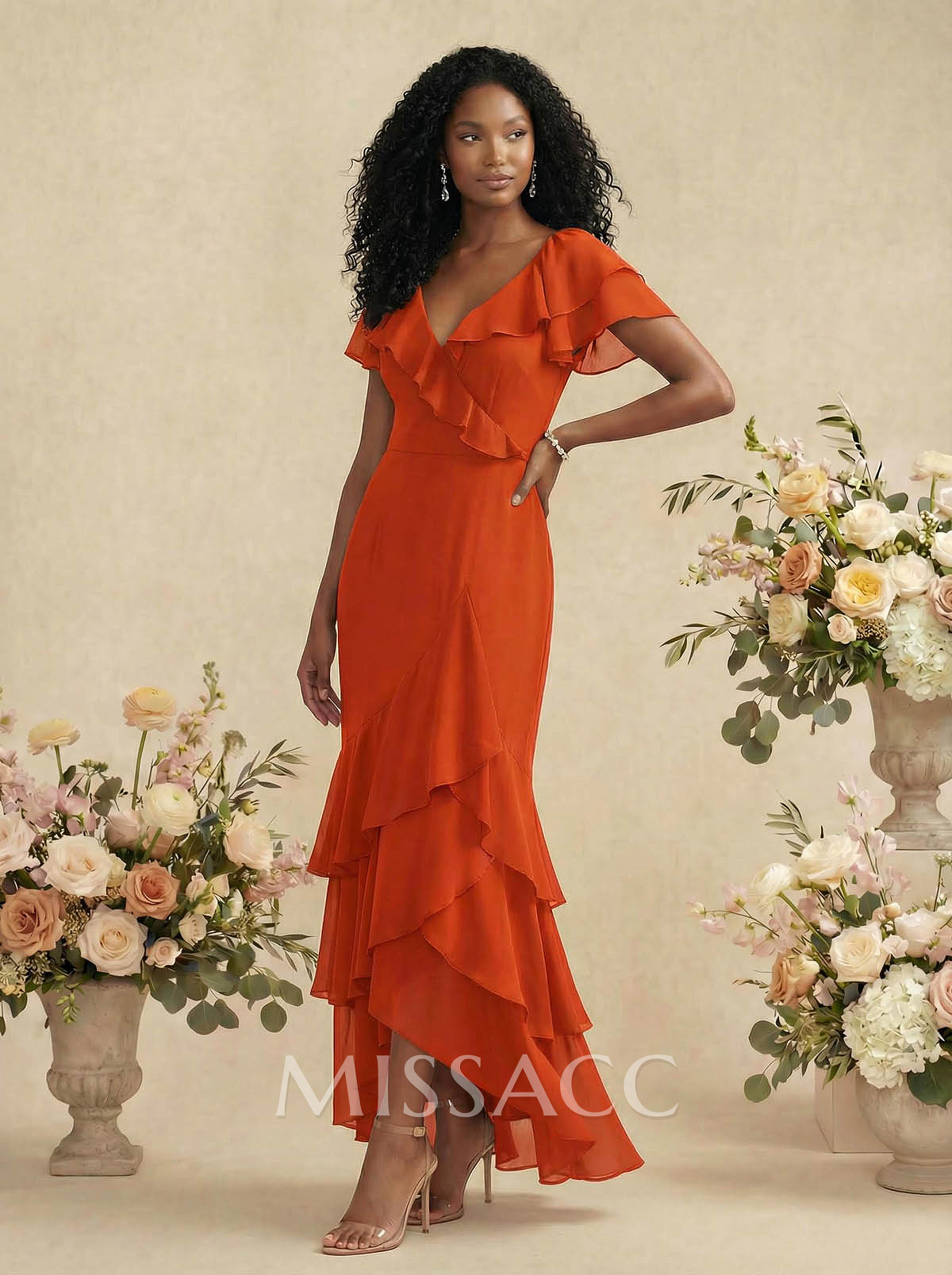 Sheath/Column V-Neck Short Sleeves Asymmetrical Chiffon Bridesmaid Dresses With Ruffle Sheath/Column V-Neck Short Sleeves Asymmetrical Chiffon Bridesmaid Dresses With Ruffle