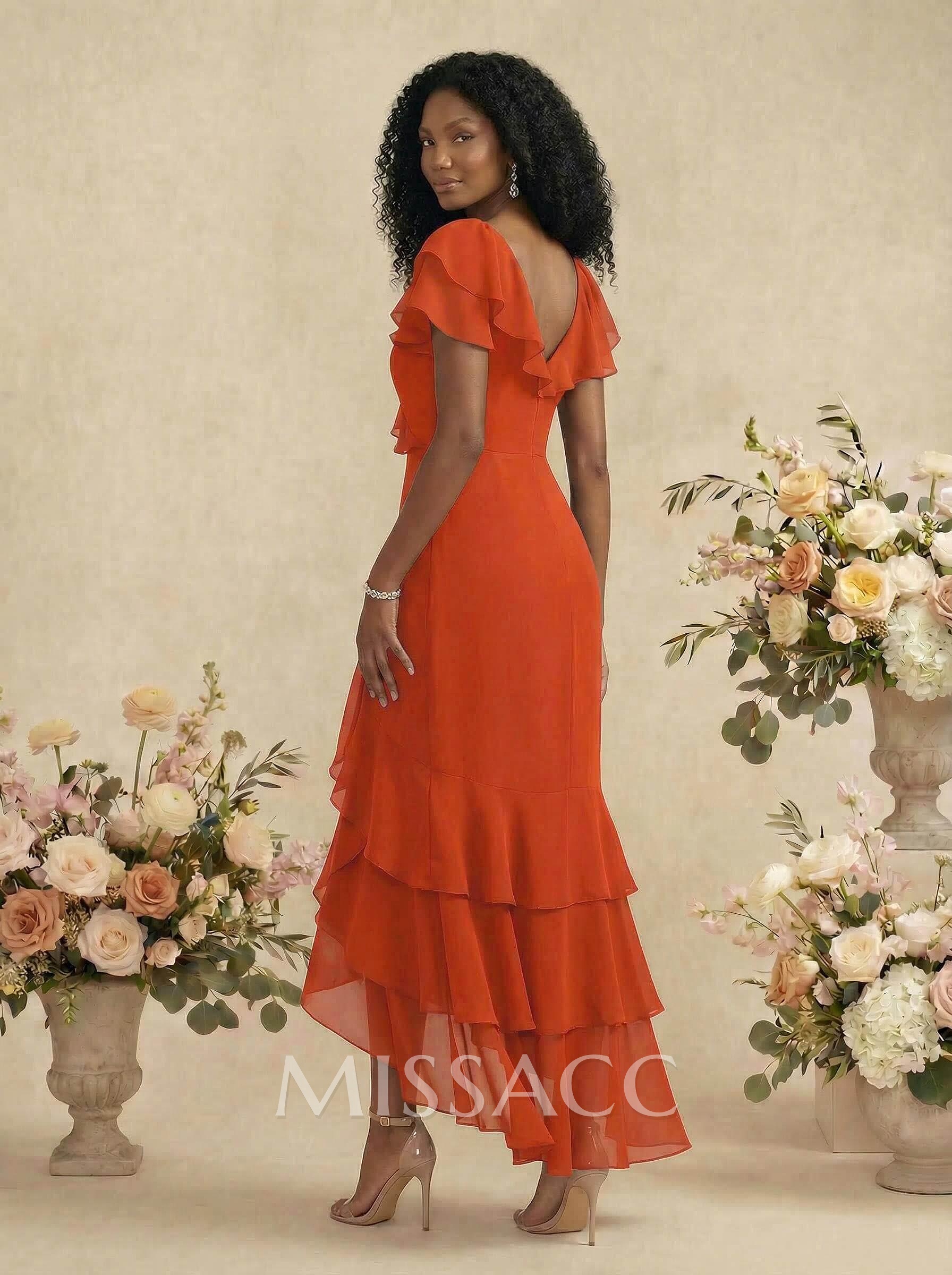 Sheath/Column V-Neck Short Sleeves Asymmetrical Chiffon Bridesmaid Dresses With Ruffle Sheath/Column V-Neck Short Sleeves Asymmetrical Chiffon Bridesmaid Dresses With Ruffle